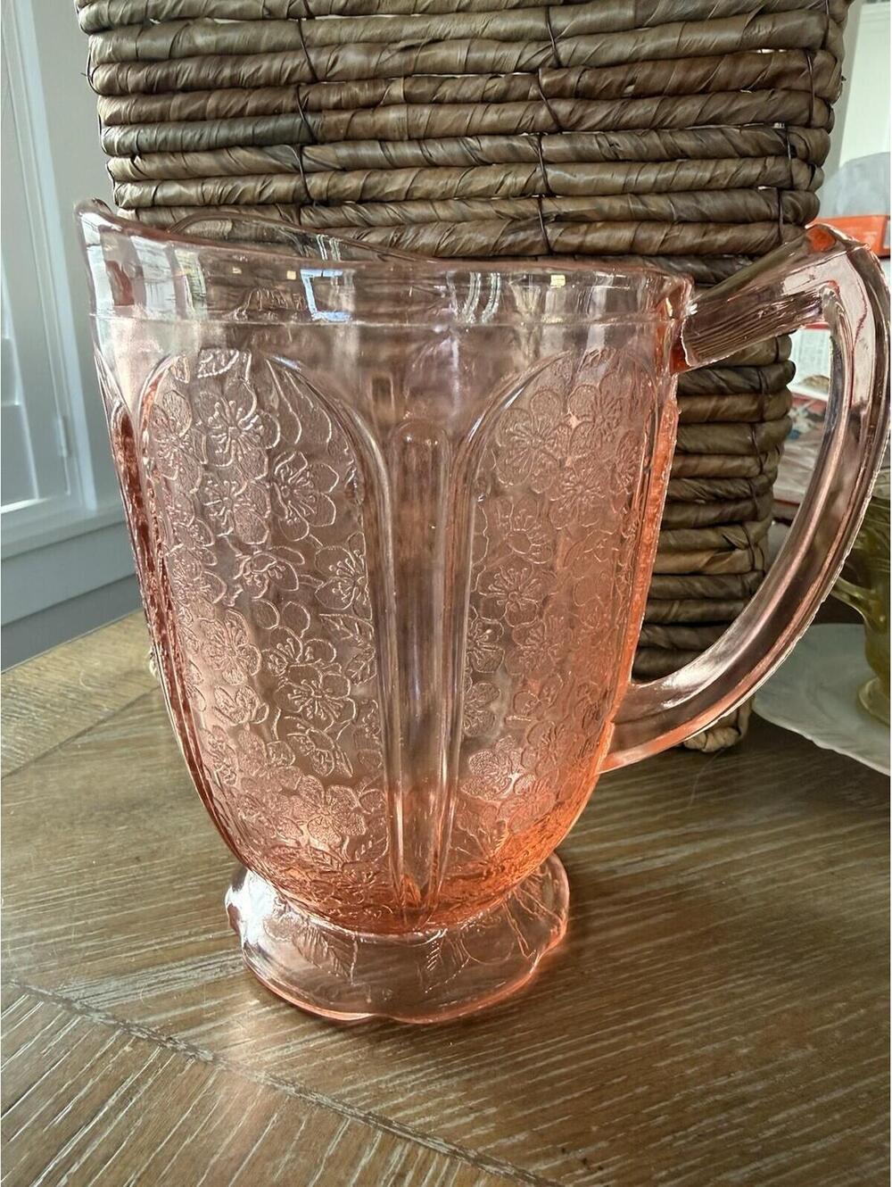 Depression Glass Footed Pitcher Cherry Blossom 1930s Federal Glass Co